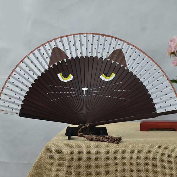 竹林　和花　猫　5個セット 猫扇子セット 扇子と扇子入れのセット 紙箱入り 竹製 黒猫柄 茶